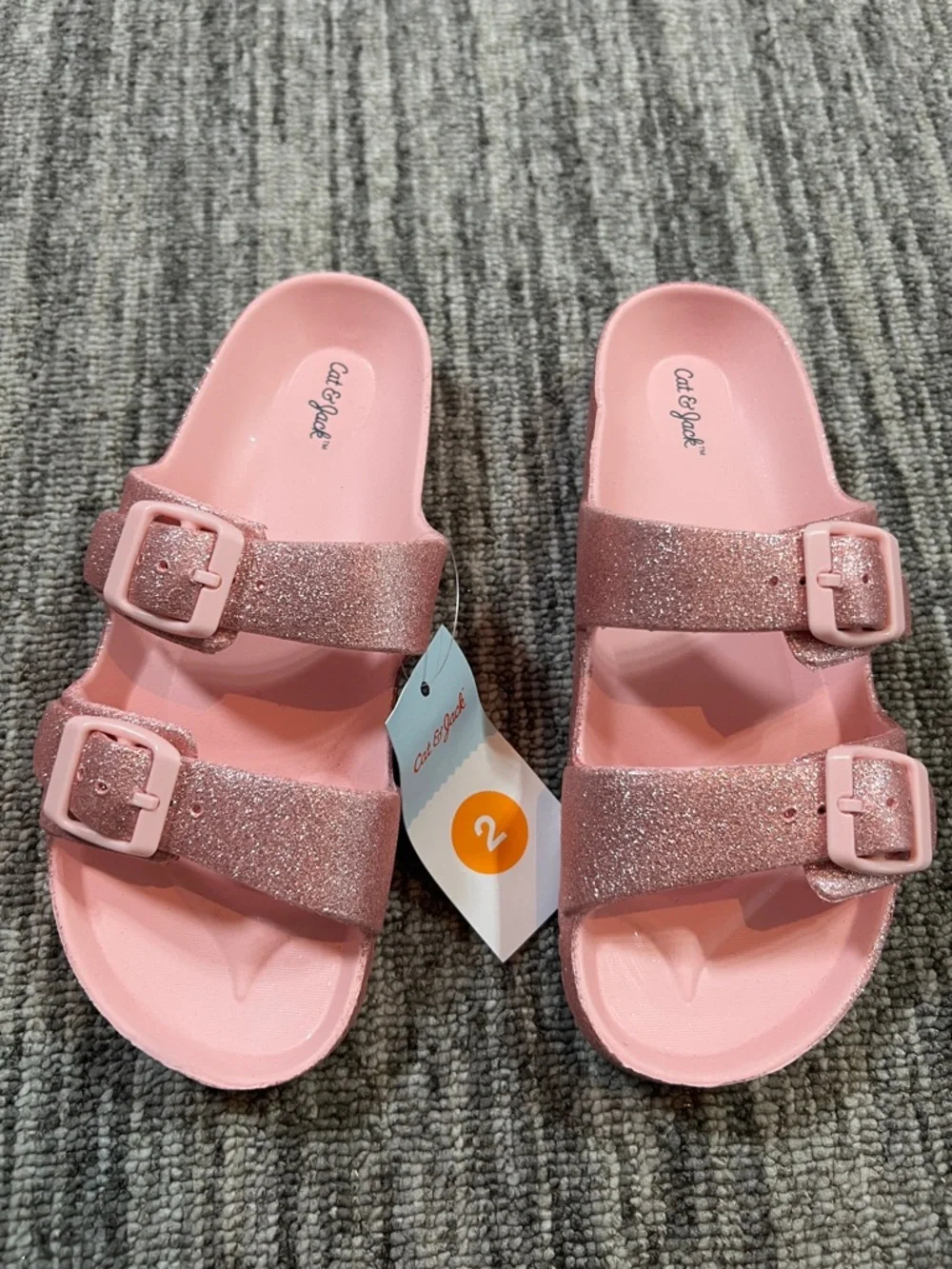 Cat & Jack Girls' Pink Glitter Double-Buckle Slide Sandals Size 2